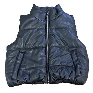 Ambiance Outerwear Black Faux Leather Puffer Vest Cropped Zip Up Size M Classy!